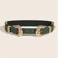 Double Carved Buckle Western Belt Vintage Dark Green Elastic Belt