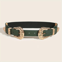 Double Carved Buckle Western Belt Vintage Dark Green Elastic Belt