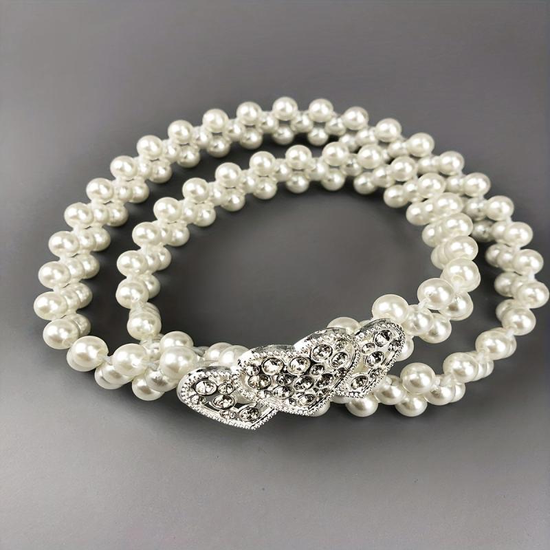 Heart Buckle Pearl Belt Rhinestone Decor Waistband Dress Girdle