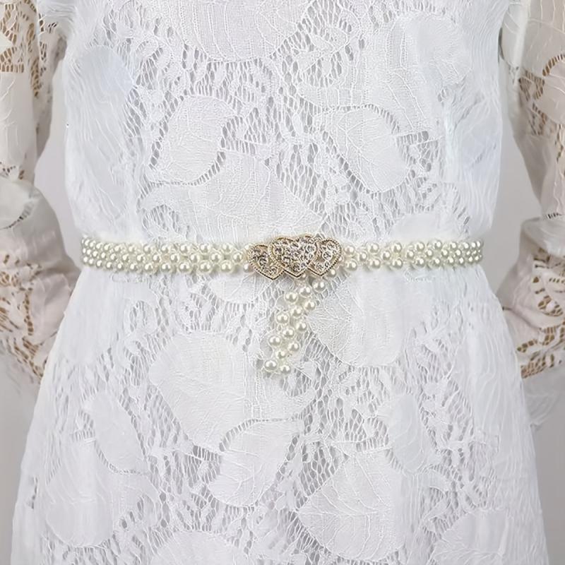 Heart Buckle Pearl Belt Rhinestone Decor Waistband Dress Girdle