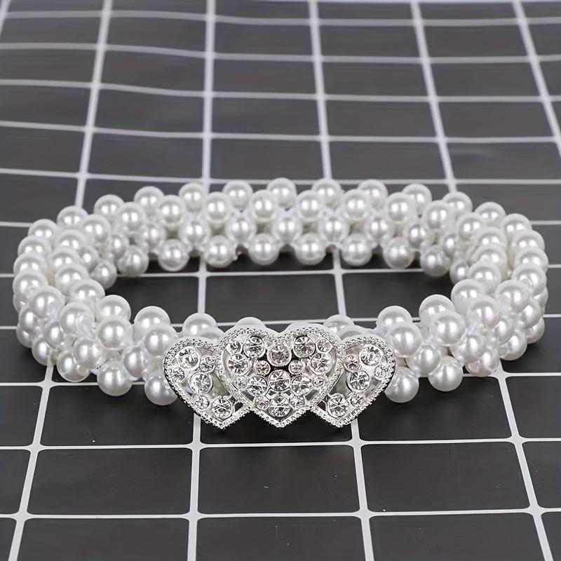 Heart Buckle Pearl Belt Rhinestone Decor Waistband Dress Girdle