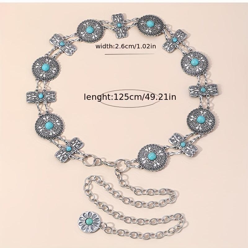 Western Turquoise Waist Chain Boho Engraved Belly Chain Silvery Decorative