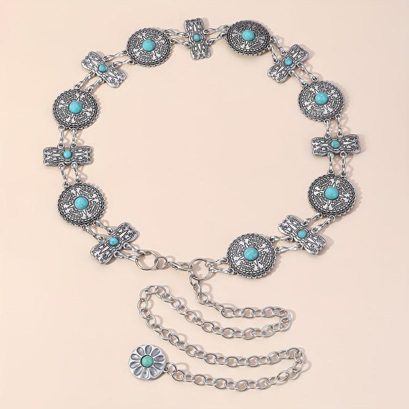 Western Turquoise Waist Chain Boho Engraved Belly Chain Silvery Decorative
