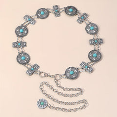 Western Turquoise Waist Chain Boho Engraved Belly Chain Silvery Decorative