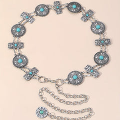 Western Turquoise Waist Chain Boho Engraved Belly Chain Silvery Decorative