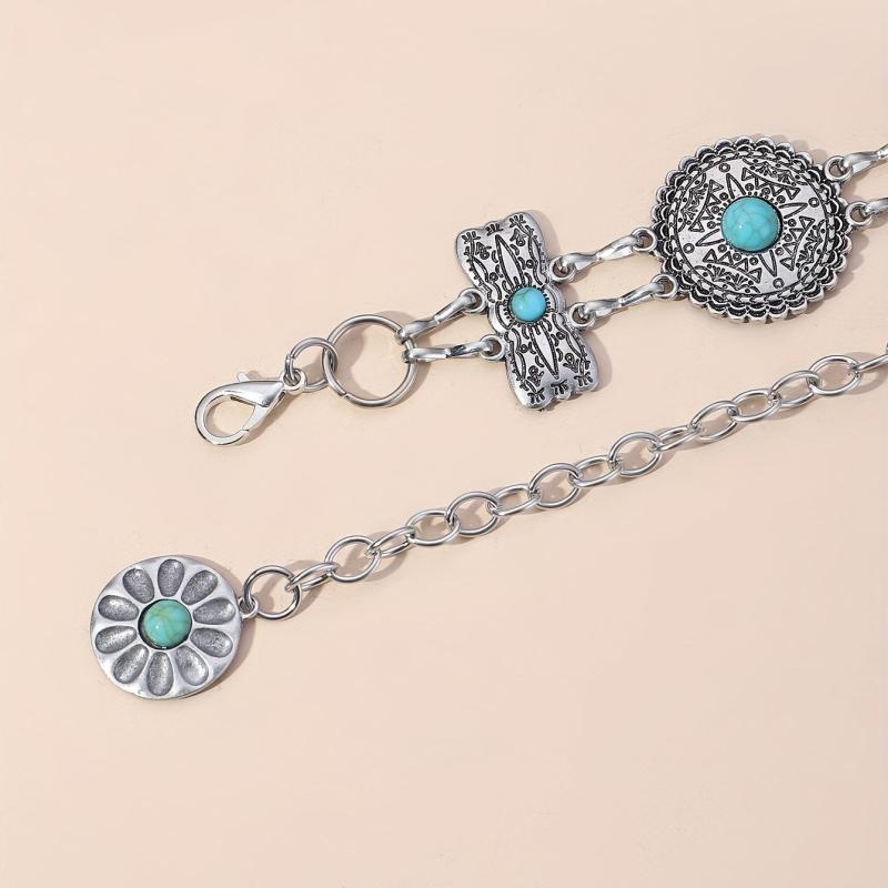 Western Turquoise Waist Chain Boho Engraved Belly Chain Silvery Decorative