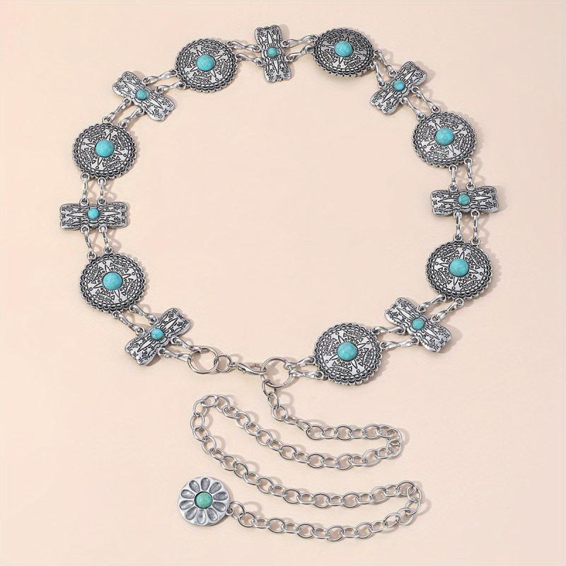 Western Turquoise Waist Chain Boho Engraved Belly Chain Silvery Decorative