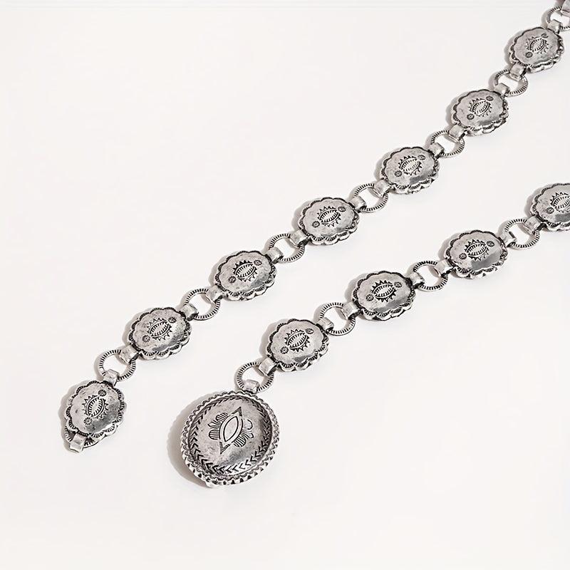 Boho Carved Waist Chain Vintage Silvery Metal Chain Belt Adjustable Body Jewelry
