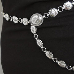 Boho Carved Waist Chain Vintage Silvery Metal Chain Belt Adjustable Body Jewelry