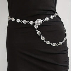 Boho Carved Waist Chain Vintage Silvery Metal Chain Belt Adjustable Body Jewelry