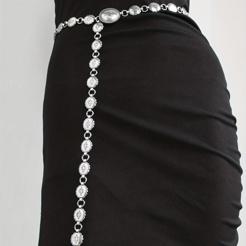 Boho Carved Waist Chain Vintage Silvery Metal Chain Belt Adjustable Body Jewelry