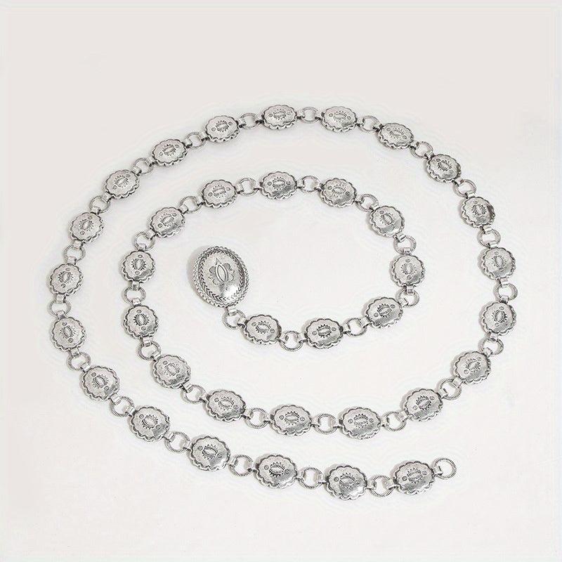 Boho Carved Waist Chain Vintage Silvery Metal Chain Belt Adjustable Body Jewelry