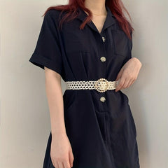 Faux Pearl Wide Elastic Belt Dress Coat Girdle