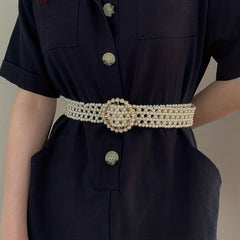 Faux Pearl Wide Elastic Belt Dress Coat Girdle