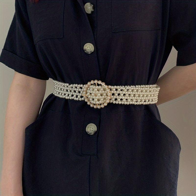 Faux Pearl Wide Elastic Belt Dress Coat Girdle