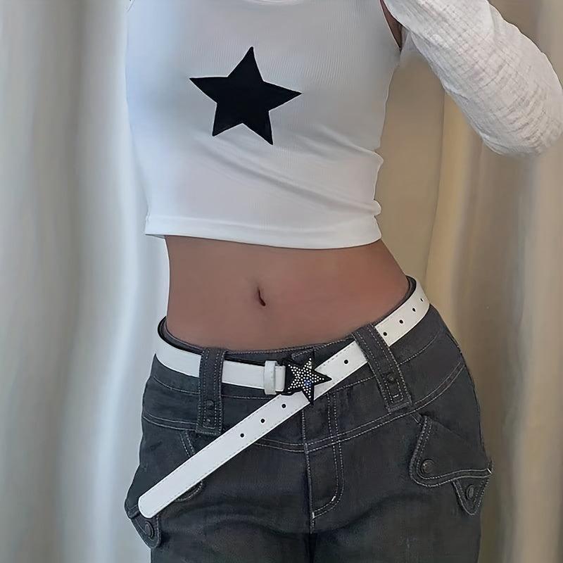 Y2K Pentagram Buckle PU Belt Hip Hop Solid Waistband