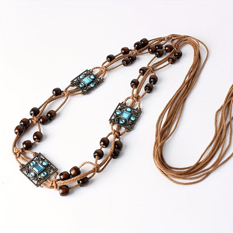Vintage Braided Sash Belt Wooden Beads Bohemian Bowknot Waistband