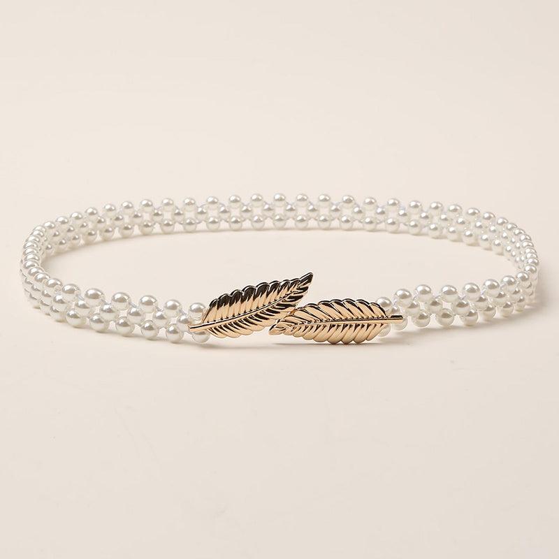 Faux Pearl Beaded Belt Stretchy Boho Style Waist Belt Double Beaded Belt