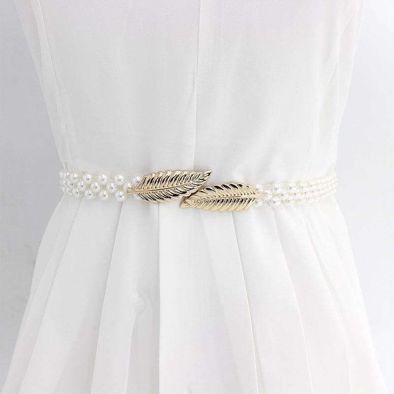 Faux Pearl Beaded Belt Stretchy Boho Style Waist Belt Double Beaded Belt