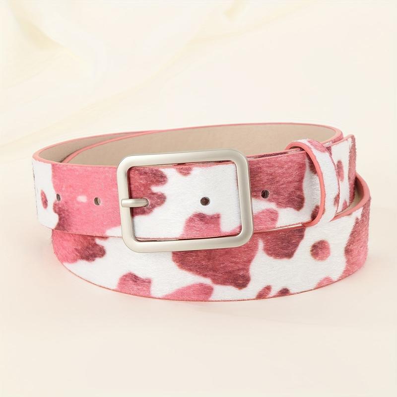 Y2K Style Cow Pattern PU Belt with Geometric Buckle