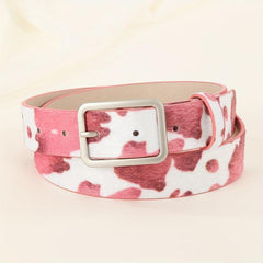 Y2K Style Cow Pattern PU Belt with Geometric Buckle
