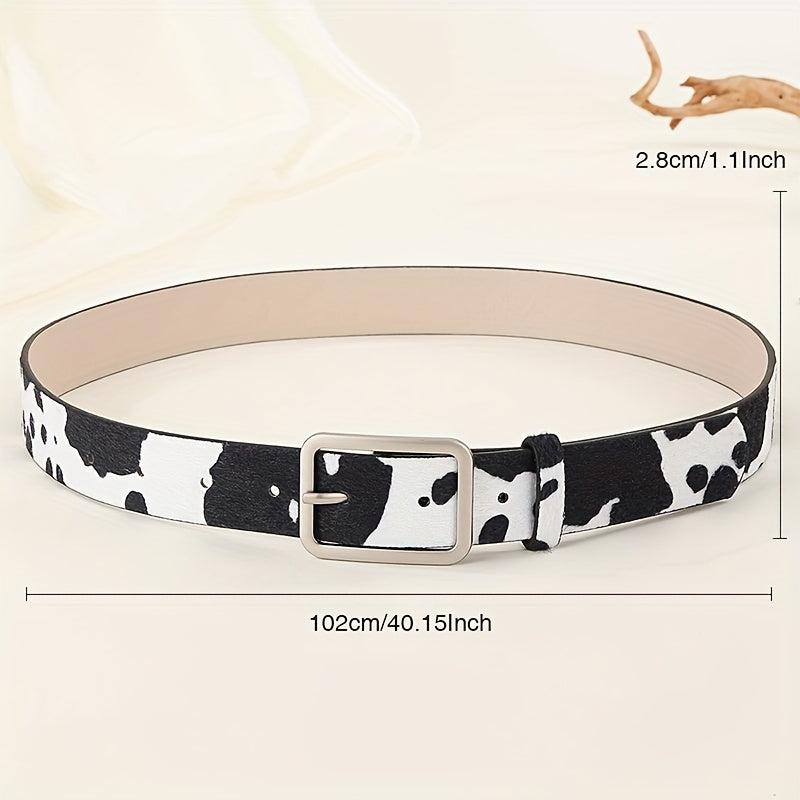 Y2K Style Cow Pattern PU Belt with Geometric Buckle