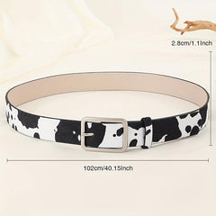 Y2K Style Cow Pattern PU Belt with Geometric Buckle