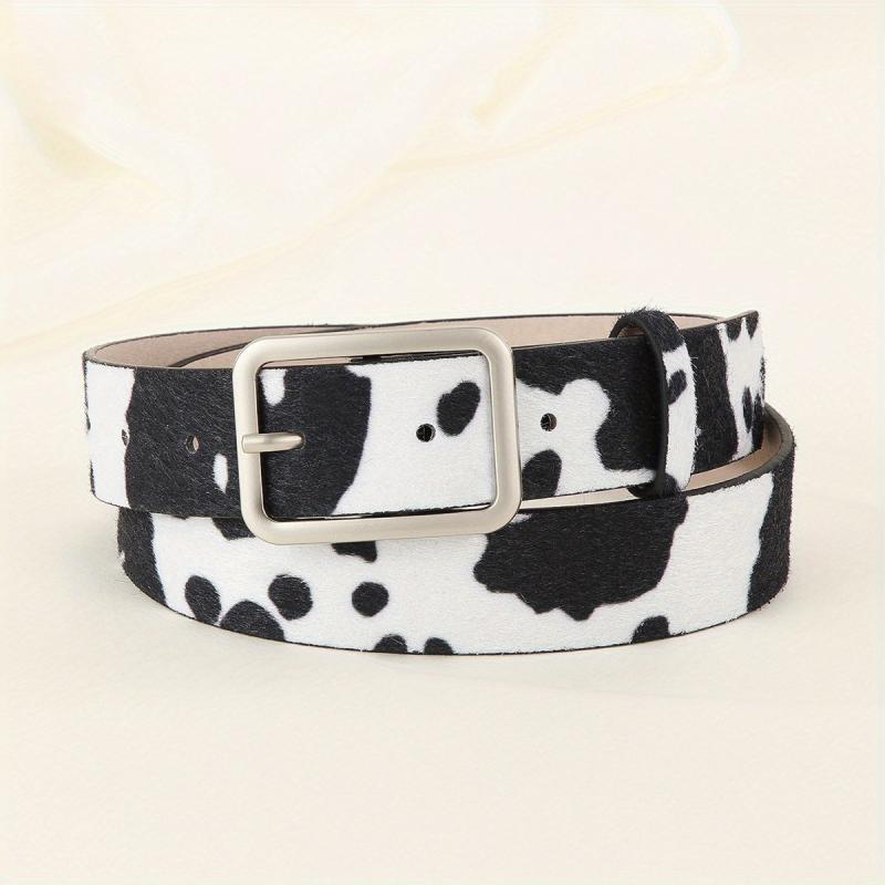 Y2K Style Cow Pattern PU Belt with Geometric Buckle