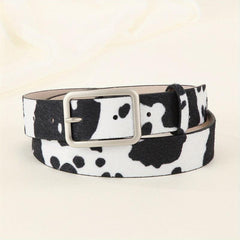 Y2K Style Cow Pattern PU Belt with Geometric Buckle