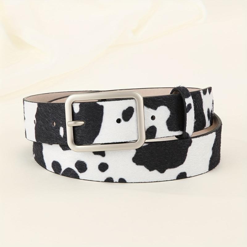Y2K Style Cow Pattern PU Belt with Geometric Buckle