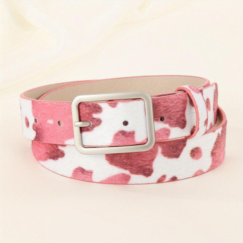 Y2K Style Cow Pattern PU Belt with Geometric Buckle