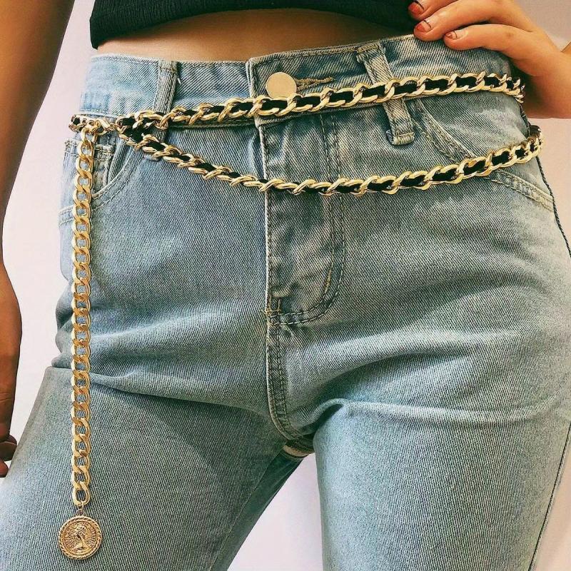 Vintage Metal Waist Chain Braided Chain Belt Coin Pendant Waistband Dress Girdle
