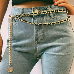 Vintage Metal Waist Chain Braided Chain Belt Coin Pendant Waistband Dress Girdle