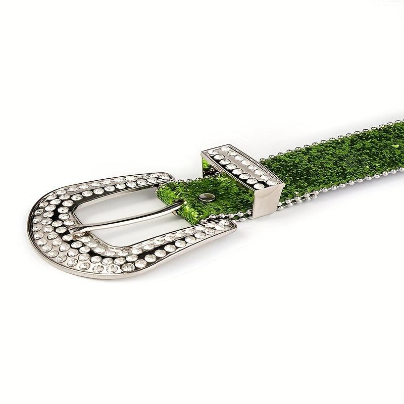 Green Sequin Sparkling Y2K Belt Big Eyelet Hollow Out Punk Rhinestone PU Belt