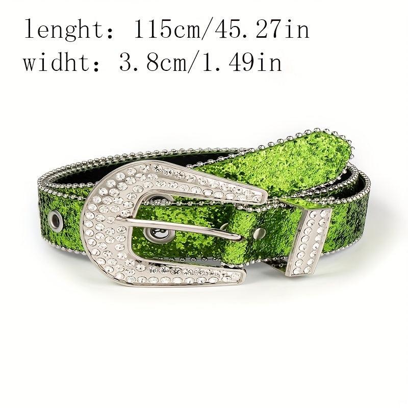 Green Sequin Sparkling Y2K Belt Big Eyelet Hollow Out Punk Rhinestone PU Belt