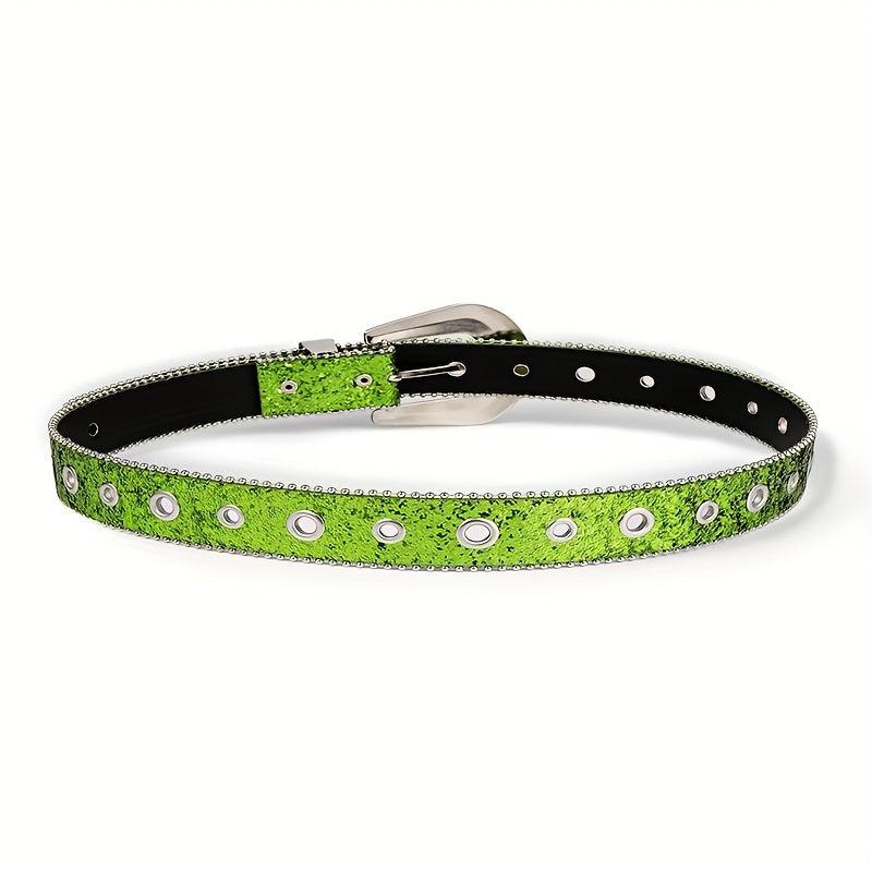 Green Sequin Sparkling Y2K Belt Big Eyelet Hollow Out Punk Rhinestone PU Belt