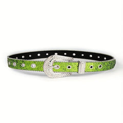 Green Sequin Sparkling Y2K Belt Big Eyelet Hollow Out Punk Rhinestone PU Belt