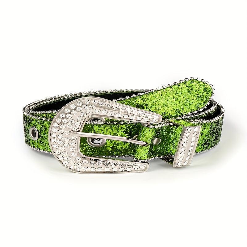 Green Sequin Sparkling Y2K Belt Big Eyelet Hollow Out Punk Rhinestone PU Belt