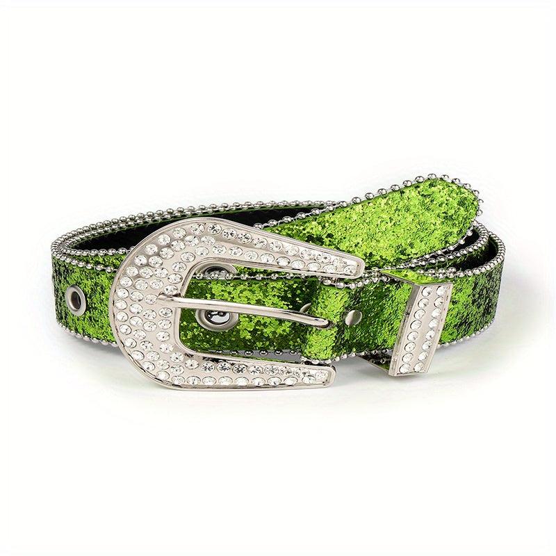 Green Sequin Sparkling Y2K Belt Big Eyelet Hollow Out Punk Rhinestone PU Belt