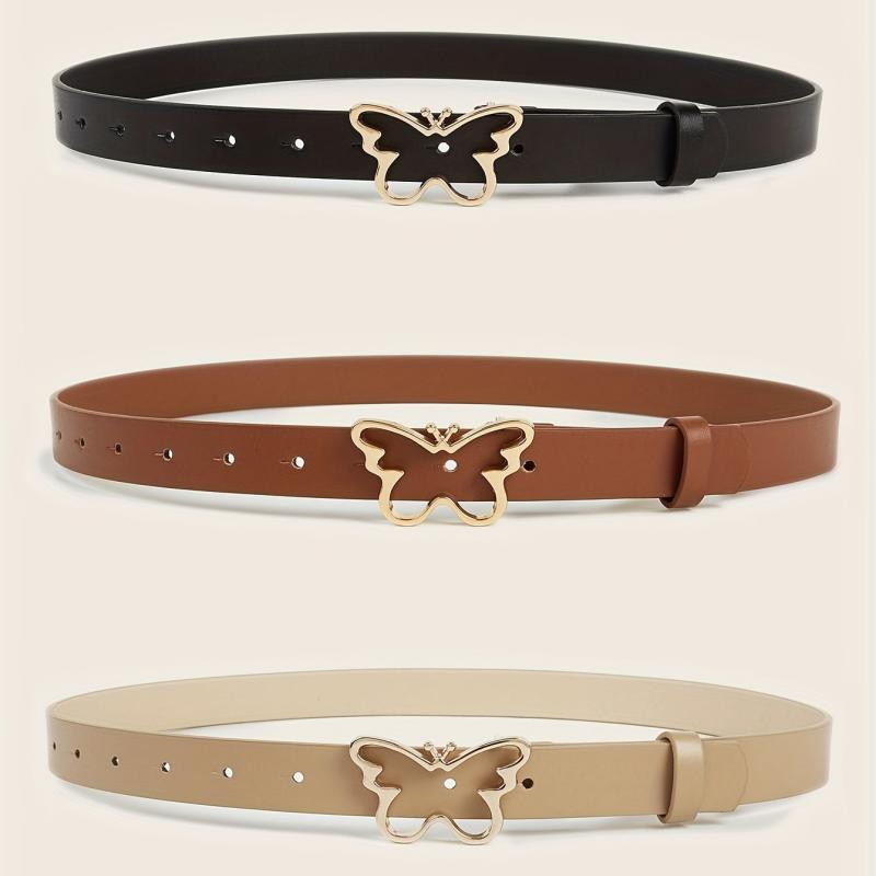 Butterfly Golden Buckle Belt Solid PU Leather Waist Belt for Women