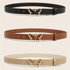 Butterfly Golden Buckle Belt Solid PU Leather Waist Belt for Women
