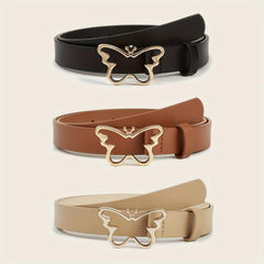 Butterfly Golden Buckle Belt Solid PU Leather Waist Belt for Women