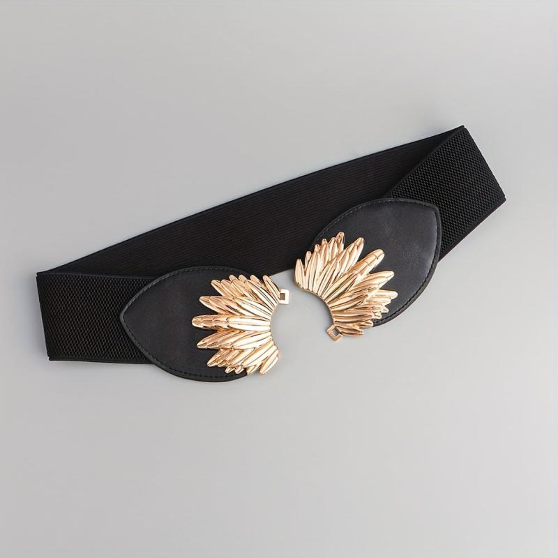 Vintage Golden Leaf Buckle Belt Elastic Wide Waistband for Women