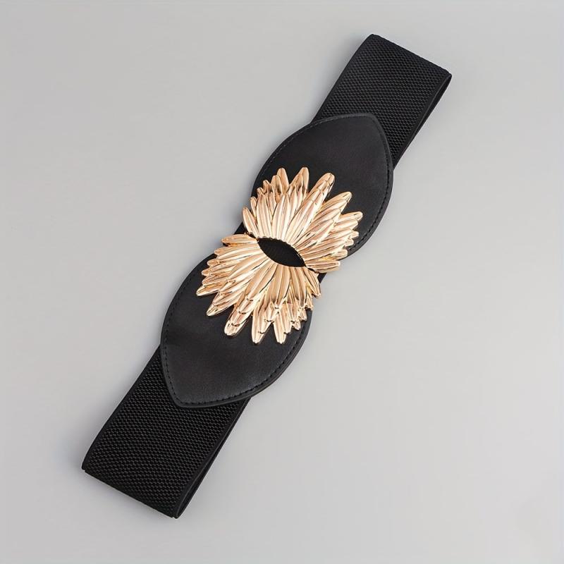 Vintage Golden Leaf Buckle Belt Elastic Wide Waistband for Women