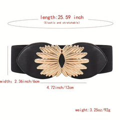 Vintage Golden Leaf Buckle Belt Elastic Wide Waistband for Women