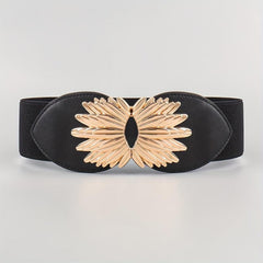 Vintage Golden Leaf Buckle Belt Elastic Wide Waistband for Women