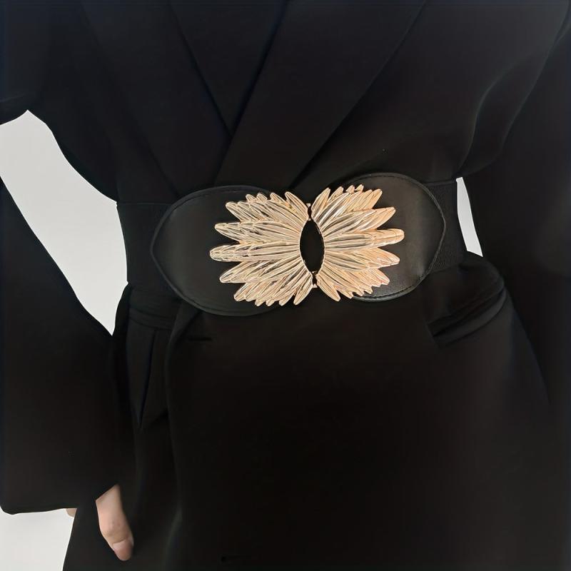 Vintage Golden Leaf Buckle Belt Elastic Wide Waistband for Women