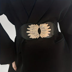 Vintage Golden Leaf Buckle Belt Elastic Wide Waistband for Women