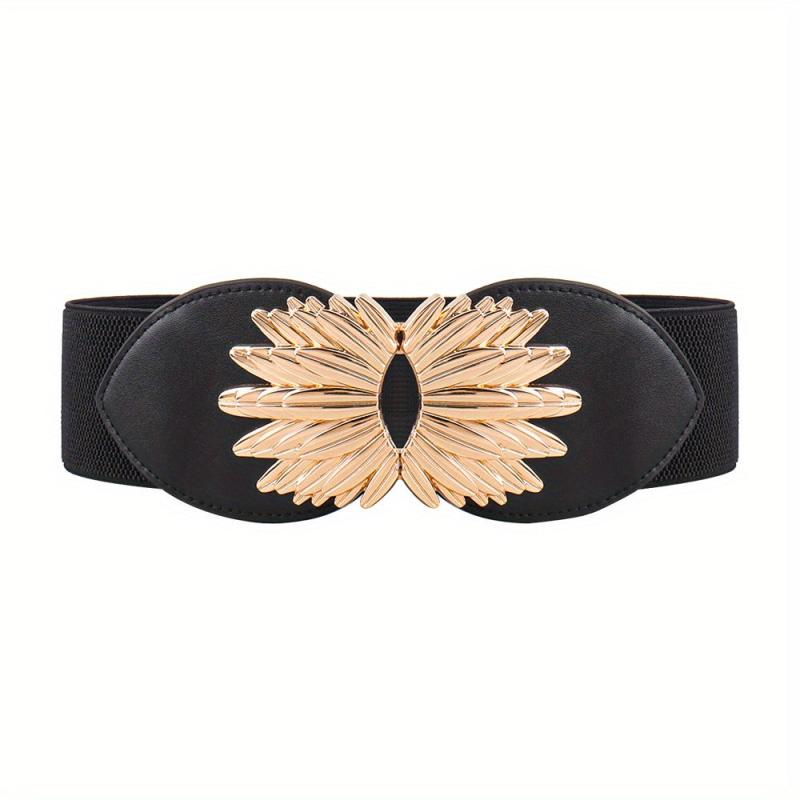 Vintage Golden Leaf Buckle Belt Elastic Wide Waistband for Women