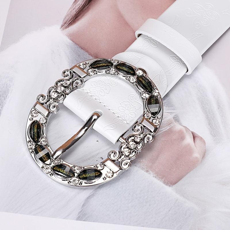 Women's Leather Belt Oval Metal Pin Buckle Inlaid Rhinestone Crystal